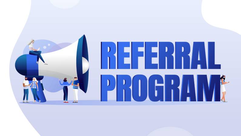 People near megaphone with Referral program word concept.