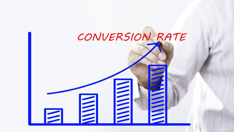 "CONVERSION RATE" text with hand of young businessman point on virtual graph Blue line and bar showing on increasing with background -business