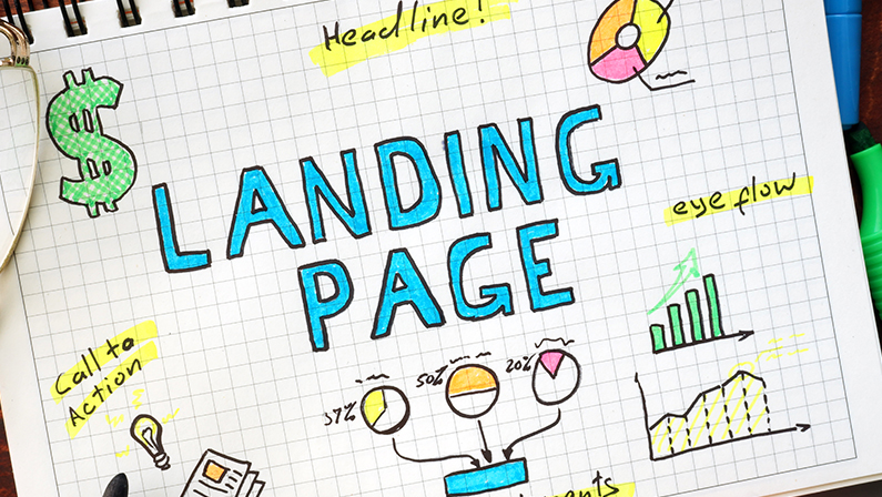 Landing page written in a notebook. SEO concept.