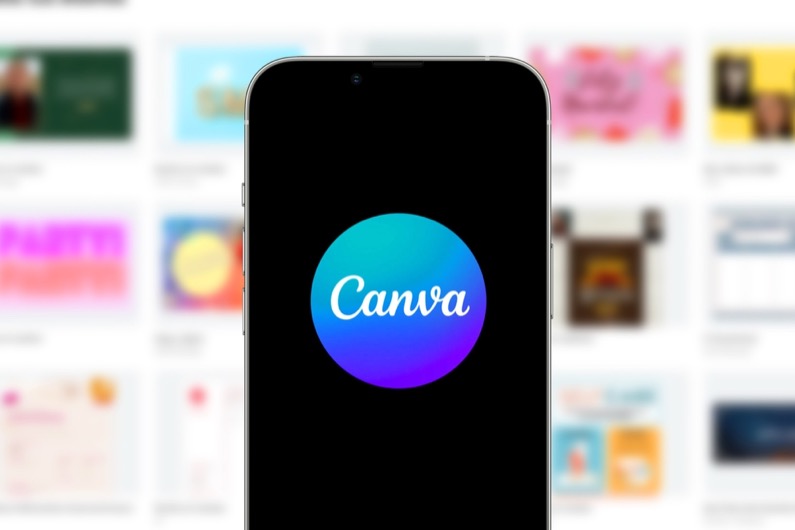 Smartphone with Canva logo, is a simplified graphic design tools software and website.