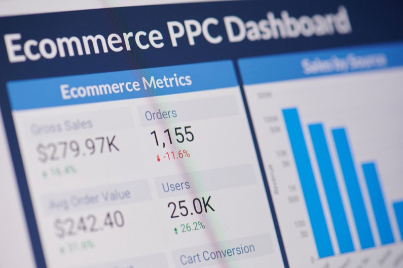 Google ecommerce PPC dashboard menu on device screen pixelated close up view