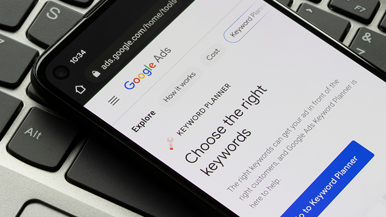 Webpage of Google Ads Keyword Planner is seen on a Google Pixel smartphone