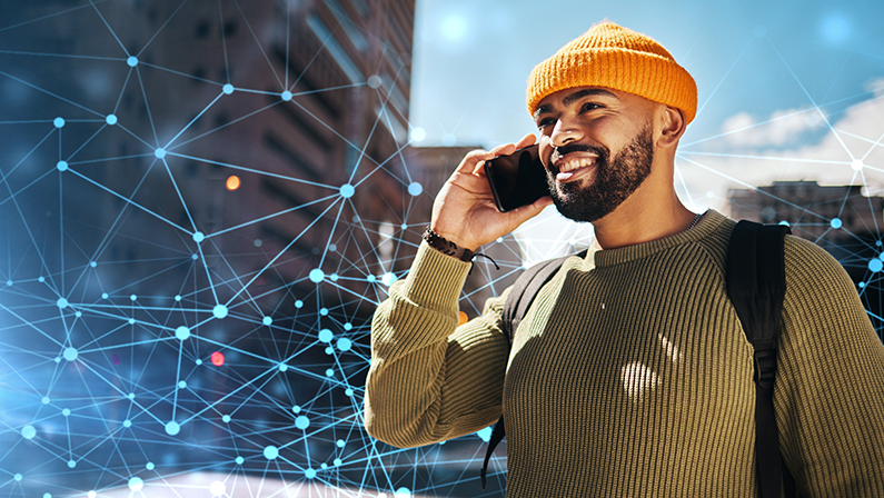 Man, phone call in city with innovation and digital transformation, conversation and communication. AI generated, cyber and contact, urban location with global network, tech evolution and future