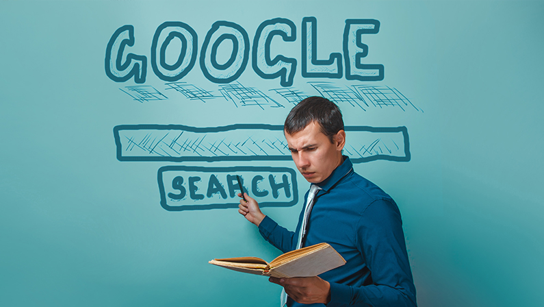 man shows a pointer to search Google holding a book infographics studio background Business Idea