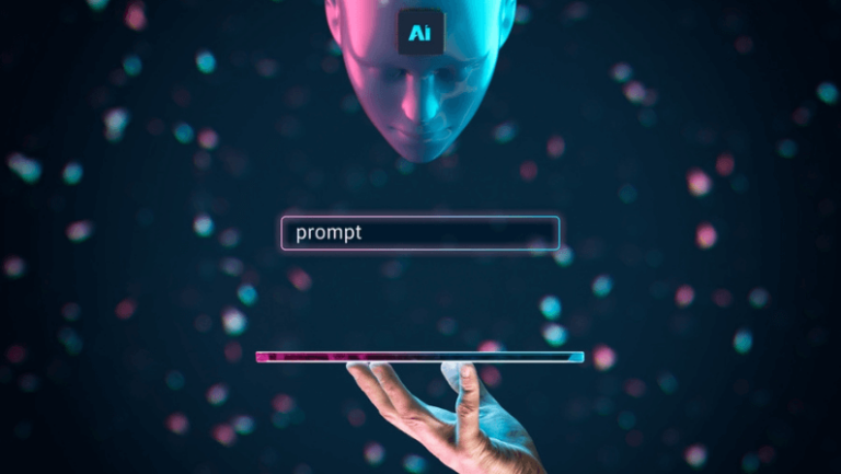 Artificial intelligence AI think about prompt (command) entered by AI user. Artificial intelligence represented by humanoid head with AI chip is waiting for prompt (assignment).