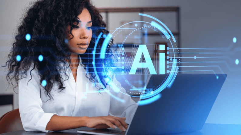 Portrait of beautiful young African American businesswoman using laptop in blurry office with double exposure of futuristic AI artificial intelligence interface. Concept of machine learning