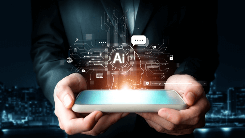 Human interact with AI artificial intelligence brain processor in concept of AI artificial intelligence engineering, big data and AI machine learning to use generative AI for business support.