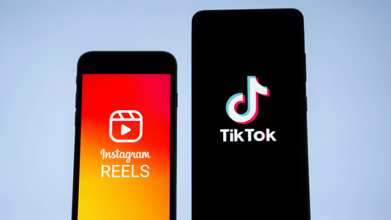 Instagram reels and Tiktok logo on Phone. Bangkok, Thailand 14 May 2021