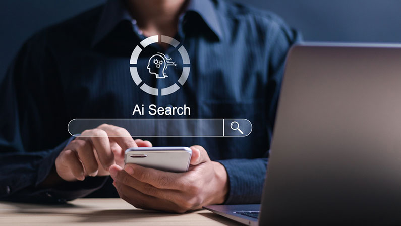 Person use smartphone and laptop with AI search engine bar for data search optimization by artificial intelligence technology.