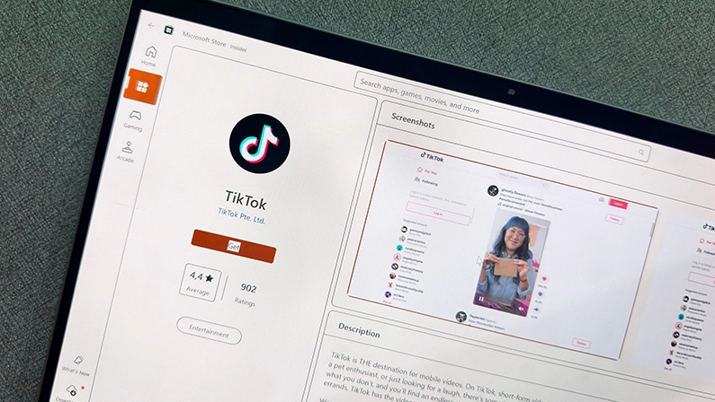 Jakarta, Indonesia – August 22, 2024: Tiktok application icon on Microsoft Store screen close-up. Tiktok app icon. Tiktok is an entertainment app category