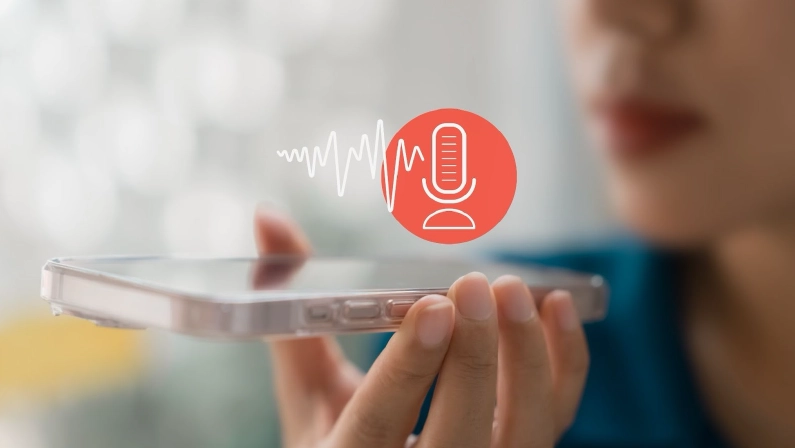 Modern Voice Recording, Hand Holding Microphone Icon on Smartphone Capture Sound Music and Voice Messages with this Voice Recording App. Use AI Enabled Internet Search for Easy Access to Information.