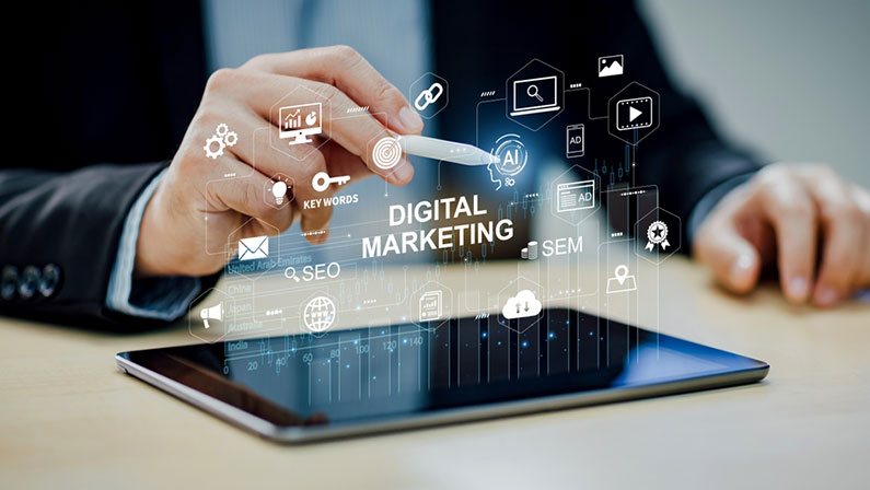 Digital marketing and financial business data analytics technology concept. Global website adertisement social media network, SEO, SEM video and mobile application icons with ai fintech for strategy.