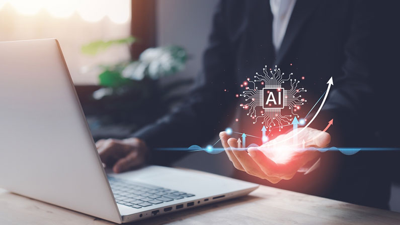 AI (Artificial intelligence) growing concept. Businessman hand typing keyboard laptop (notebook) with hologram technology. Business technology link digital marketing. Big data and Financial banking.