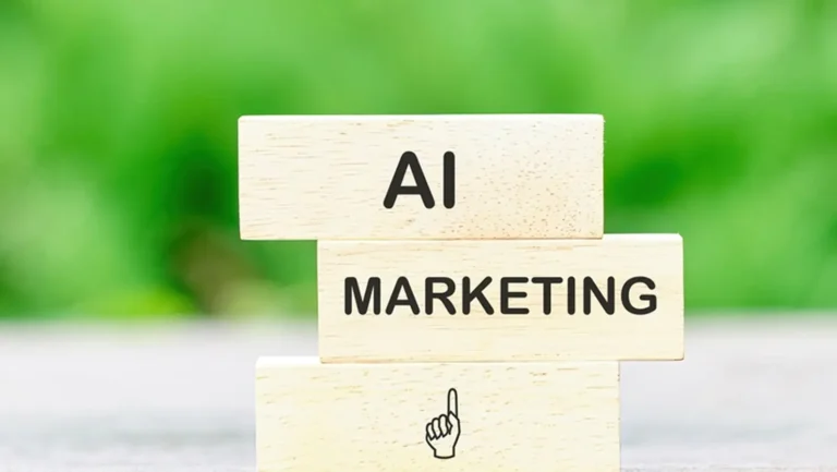 Business AI artificial intelligence marketing concept. Copy space. AI marketing symbol. Concept words AI MARKETING on wooden bars against a background of green plants without focus