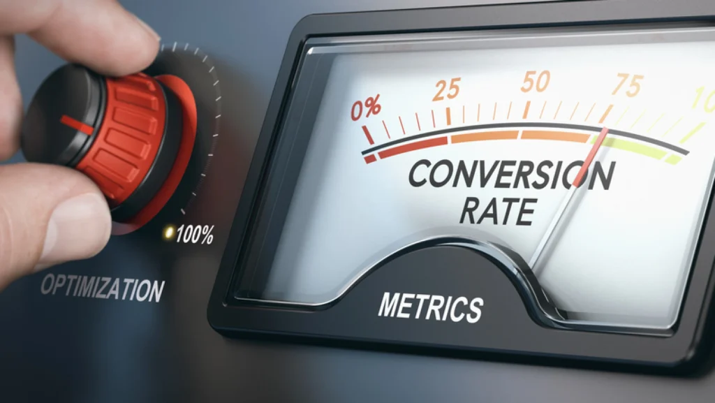 Turn a knob to maximize the number of leads to generate more sales. Image fusion between photography and 3D background. Horizontal alignment.