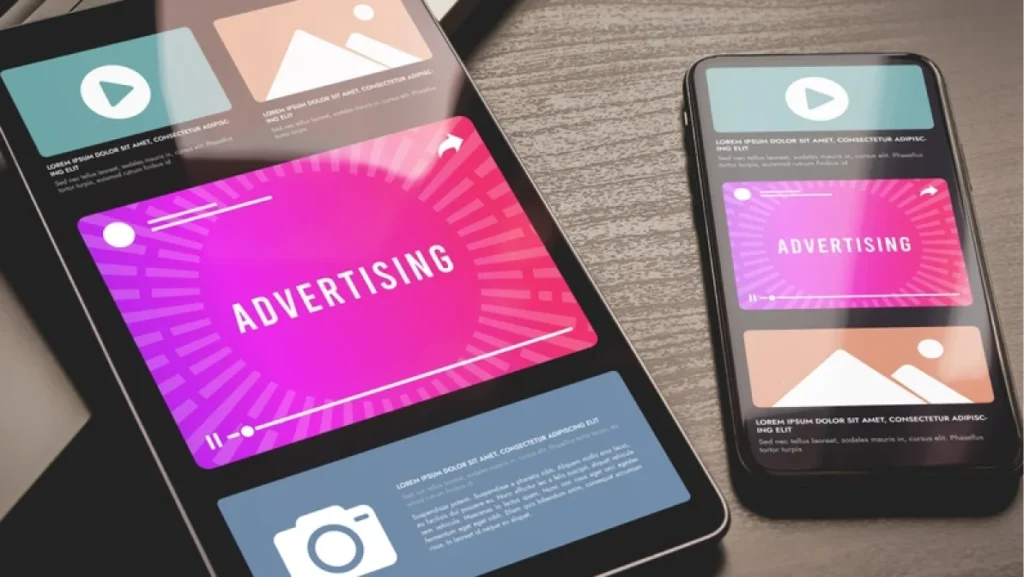 Programmatic Advertising for maximize ads impact concept. Online rich media native advertising targeting marketing strategy. Programmatic video advertising block on mobile phone and tablet pc screen