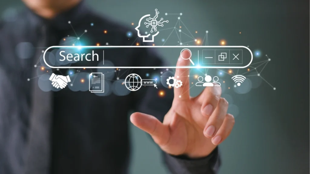 SEO, Search Engine Optimization concept. Businessman search with Ai assistant, search job on virtual screen, search engine optimization. Artificial Intelligence data technology for digital marketing