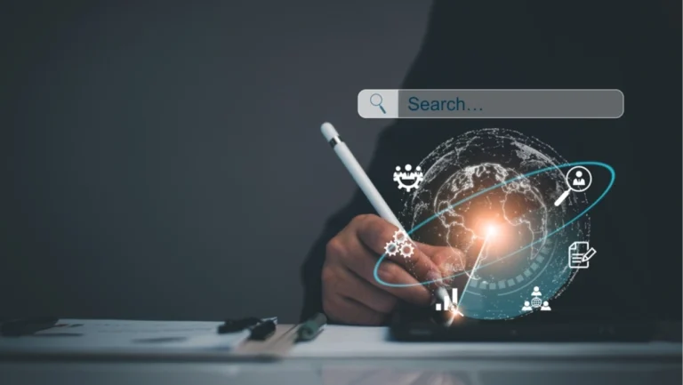Data Search Technology Search Engine Optimization. Business people are searching for information in digital databases, search jobs, apply online jobs, manage big data bases, business information.