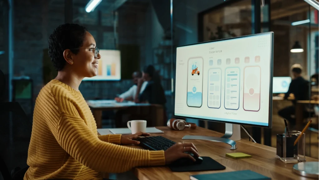 Young Latina Designer Working on a Desktop Computer in Creative Office. Beautiful Diverse Multiethnic Female is Developing a New App Design and User Interface in a Digital Graphics Editing Software.