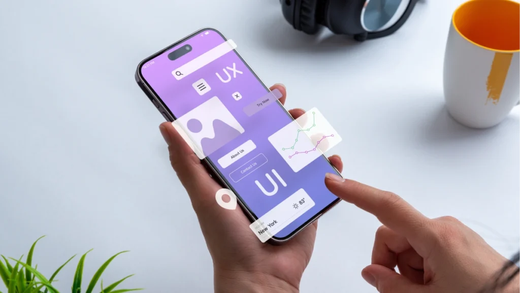 Process of creating an interface for a mobile app. User interface and experience concept. Modern app on smart phone in woman hands