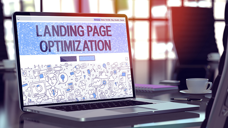 Landing Page Optimization Concept Closeup on Landing Page of Laptop Screen in Modern Office Workplace. Toned Image with Selective Focus. 3D Render.