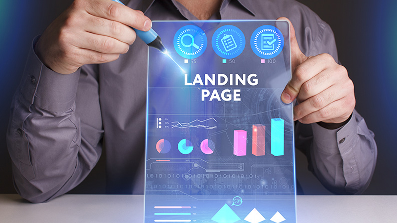 Business, Technology, Internet and network concept. Young businessman working on a virtual screen of the future and sees the inscription: Landing page