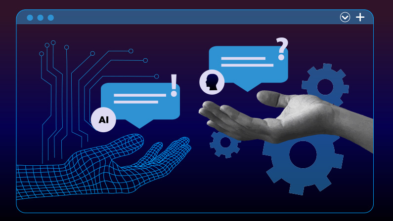 Chatting with artificial intelligence chat bot developed by tech company. Digital chat bot, robot application, conversation assistant concept.