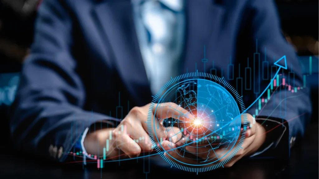 Businesswomen use smartphone apps for scan radar to find stock in stock markets, uptrends, growth economics, business strategy development, and find opportunities for investment.