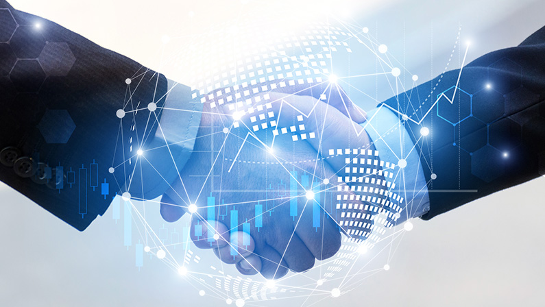 business man handshake with effect global world map network link connection and graph chart of stock market graphic diagram, digital technology, internet communication, teamwork, partnership concept