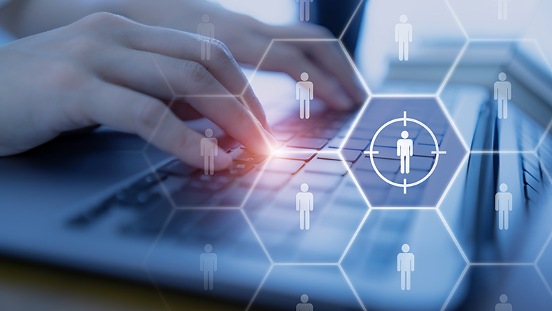 Target customer, buyer persona, marketing segmentation, job recruitment concept. Personalization marketing, customer centric strategies. Working on computer focusing on outstanding person.