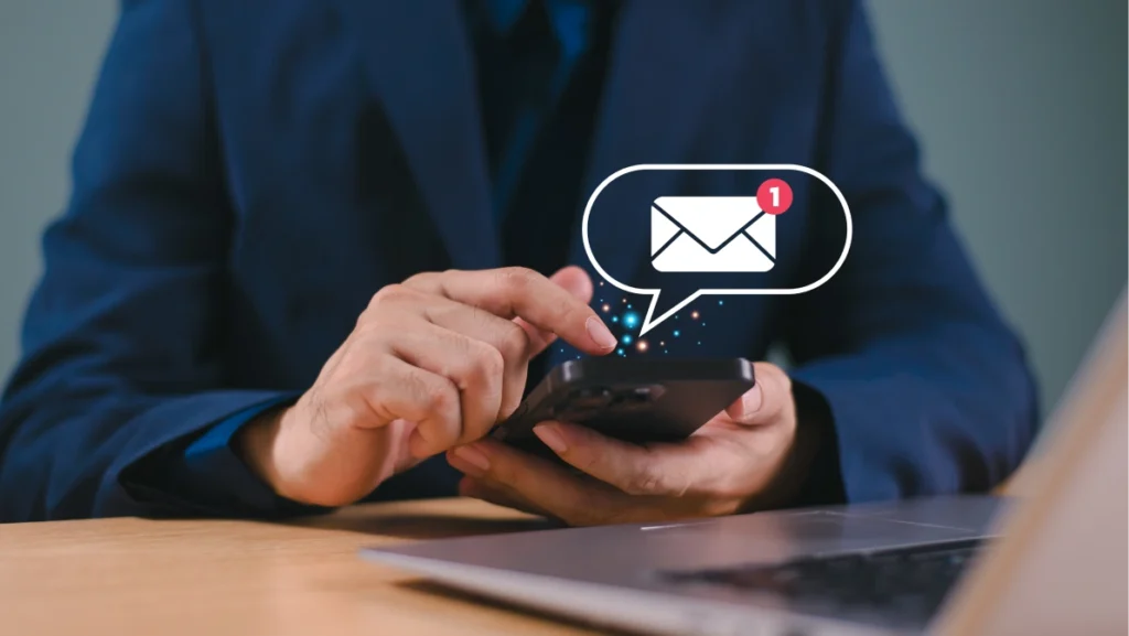 Email campaign alert concept. New email send notification for business e-mail communication. Digital marketing, internet technology. Inbox receives electronic message invite. Man touch on newsletter.