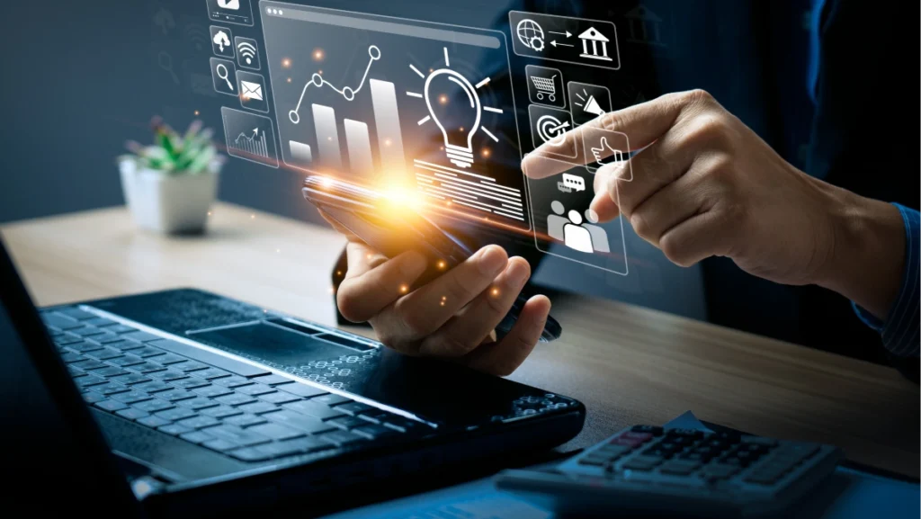 Digital marketing commerce online sale concept, Promotion of products or services through digital channels search engine, social media, email, website, Digital Marketing Strategies and Goals. SEO PPC