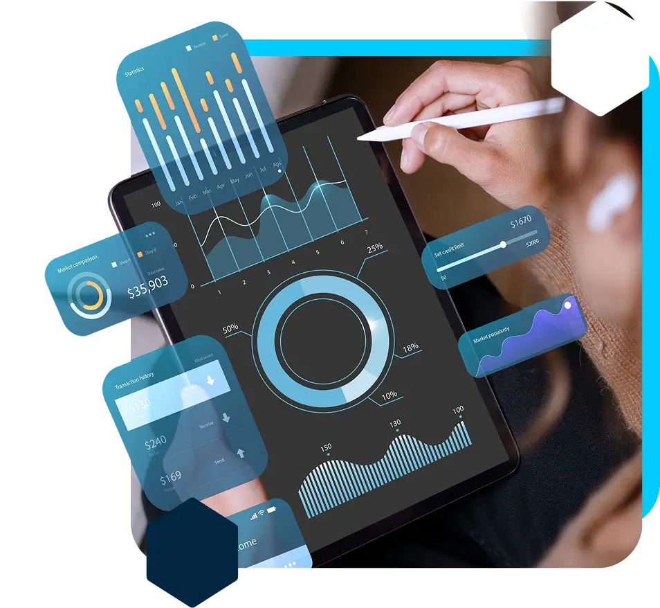 person using tablet with floating screen elements for analytics