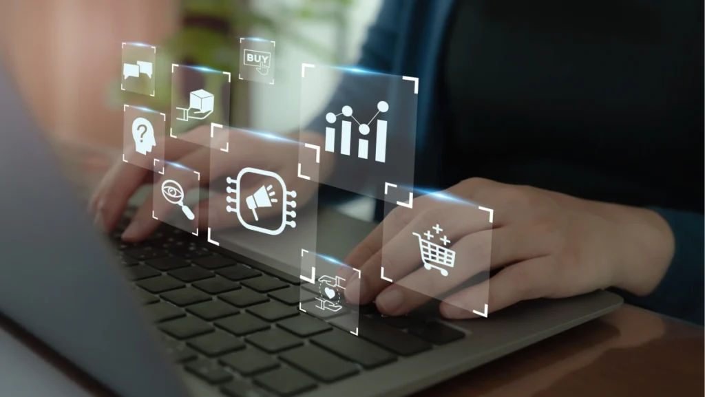 Marketing automation, growth marketing strategy concept. Digital marketing automation tools used for all in one, email marketing, social media, customer journey, pricing, advertising, and loyalty.