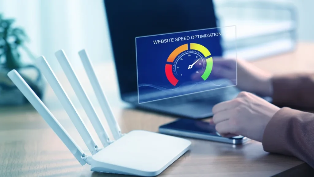 Website speed optimization. Man using laptop at table, closeup. Virtual screen over device