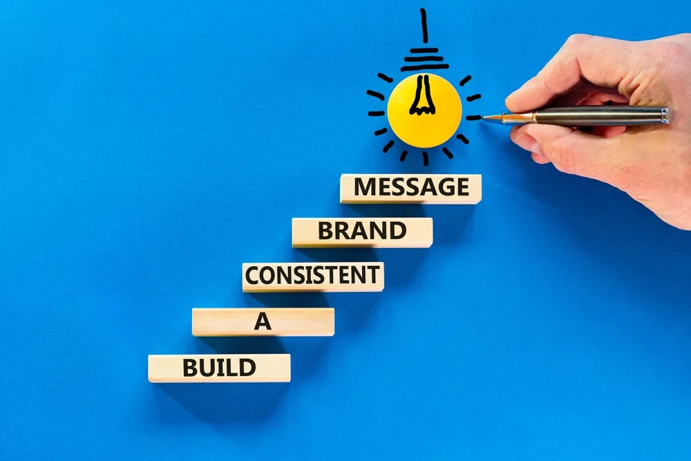 Consistent brand message symbol. Concept words build a consistent brand message on wooden blocks