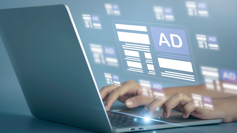 Online programmatic advertising in feed on computer screen. Optimize advertisement target optimize click through rate and conversion. Ads dashboard digital marketing strategy analysis for branding .