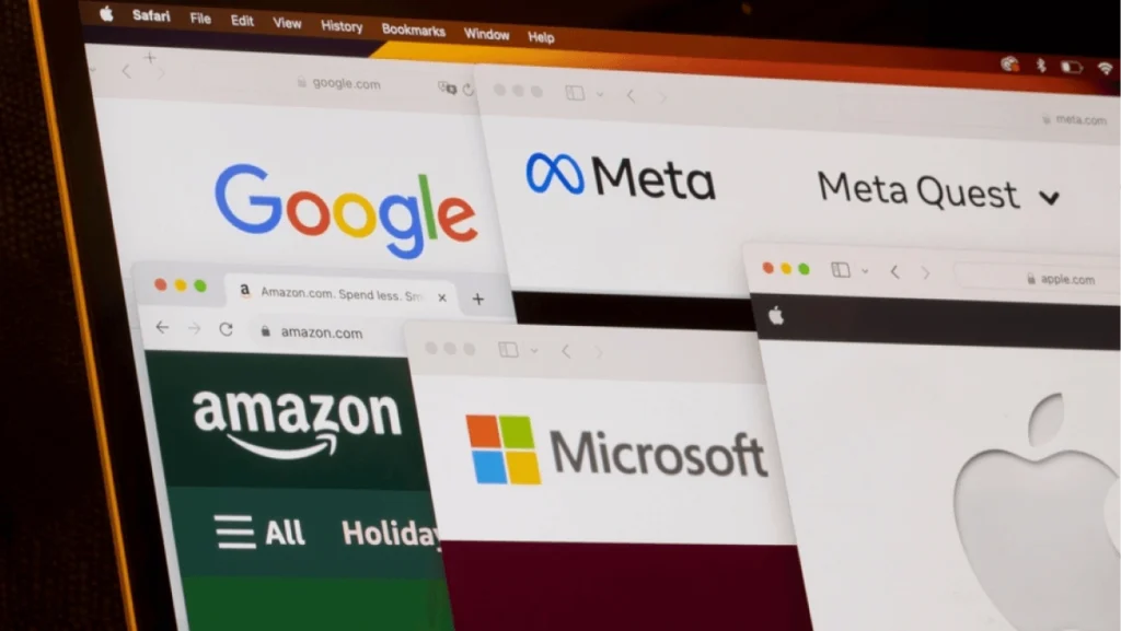 Cupertino, CA, USA - Nov 28, 2023: Google, Amazon, Meta, Microsoft, and Apple logos are seen on their corporate websites on a MacBook Air laptop computer. Big tech concept.