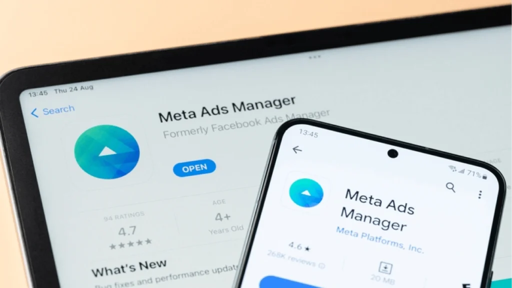 New York, USA - August 24, 2023: Meta Ads Manager app on Ipados and google store on smartphone and ipad screen close up view