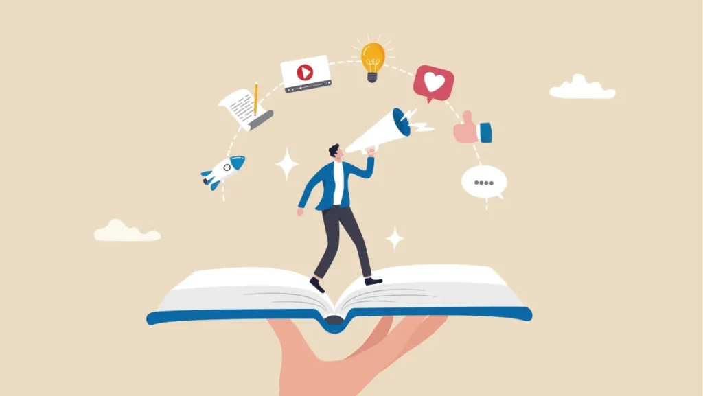 Storytelling communicate brand story or idea to listener, narrative message, content or article writing or advertising creativity concept, young man on opening book telling story on megaphone.