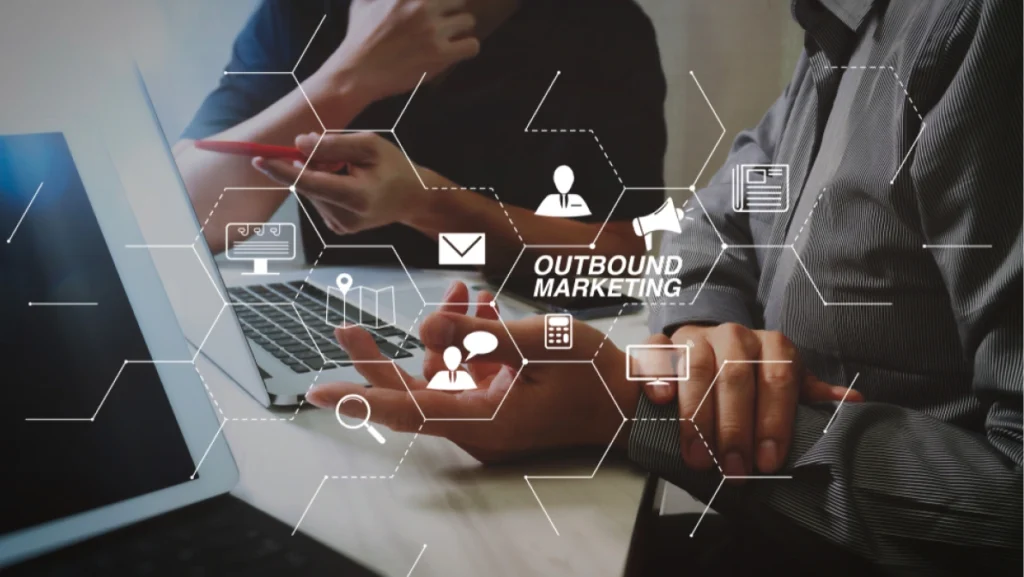 Outbound marketing business virtual dashboard with Offline or interruption marketing.Business team meeting. Photo professional investor working new start up project. Finance task.