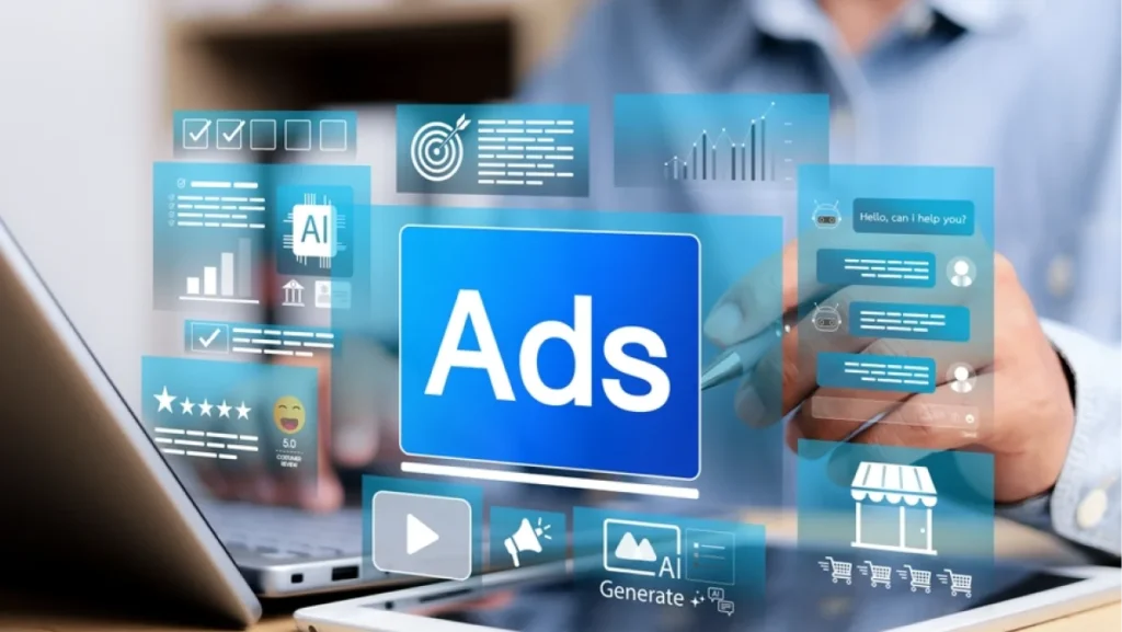 Digital advertising on laptop with AI-generated content, analytics charts, chatbot, and reviews.