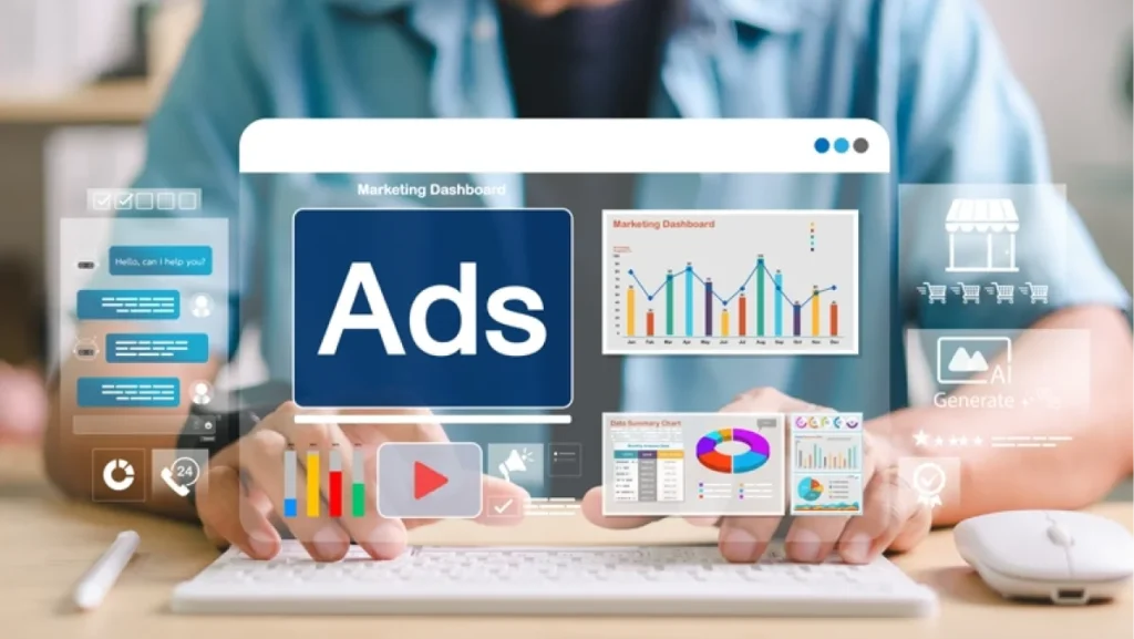 Digital marketing dashboard with ads panel, chatbot, video content, e-commerce, and analytics tools.
