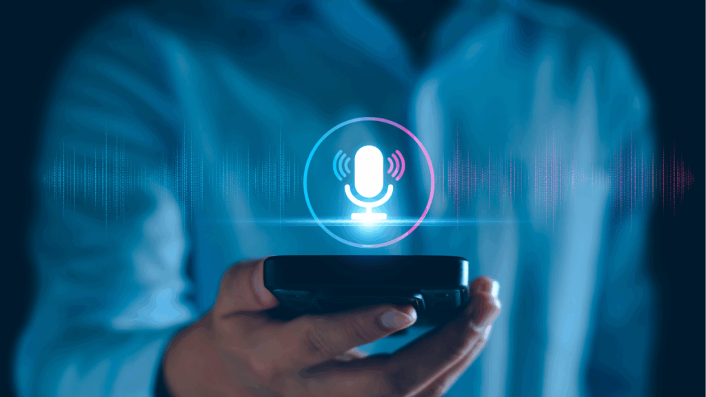 Voice recording. Man touching microphone icon on smart phone.