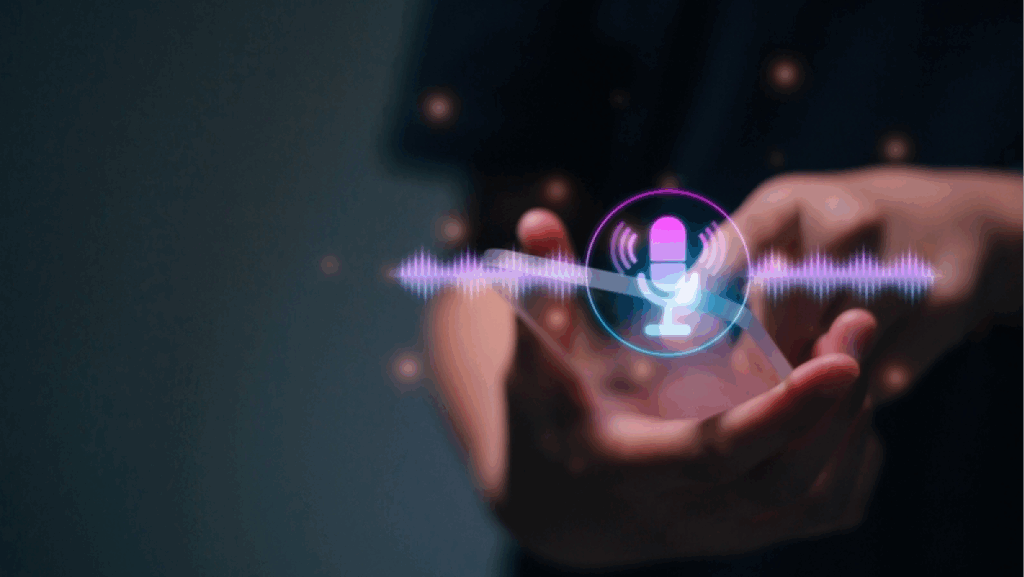 Women touching microphone icon on smartphone.