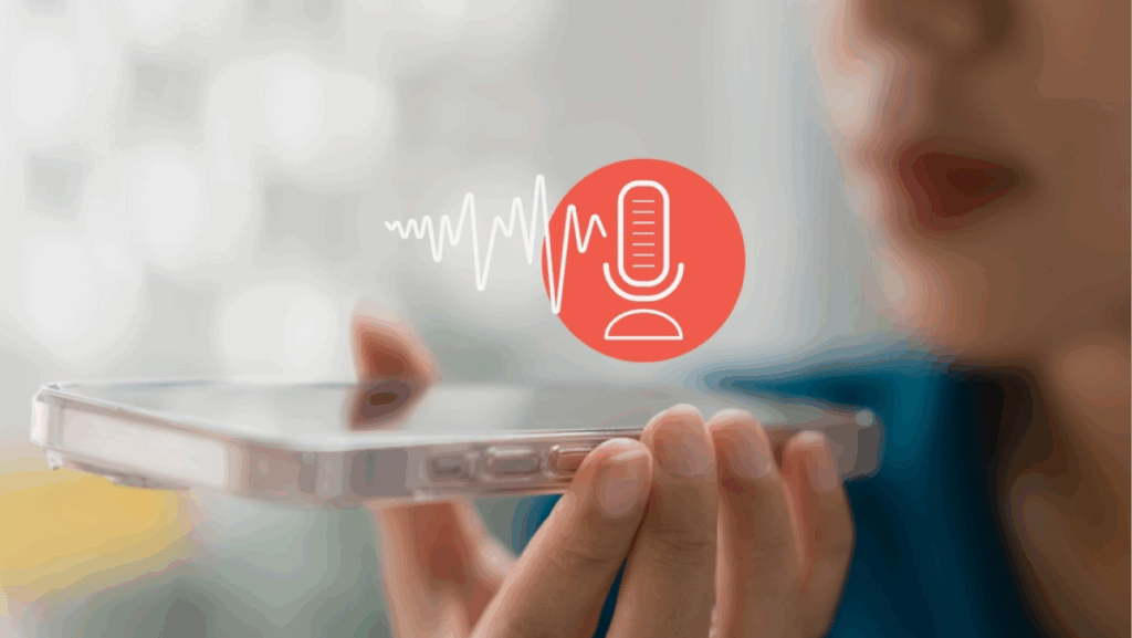 Modern Voice Recording, Hand Holding Microphone Icon on Smartphone