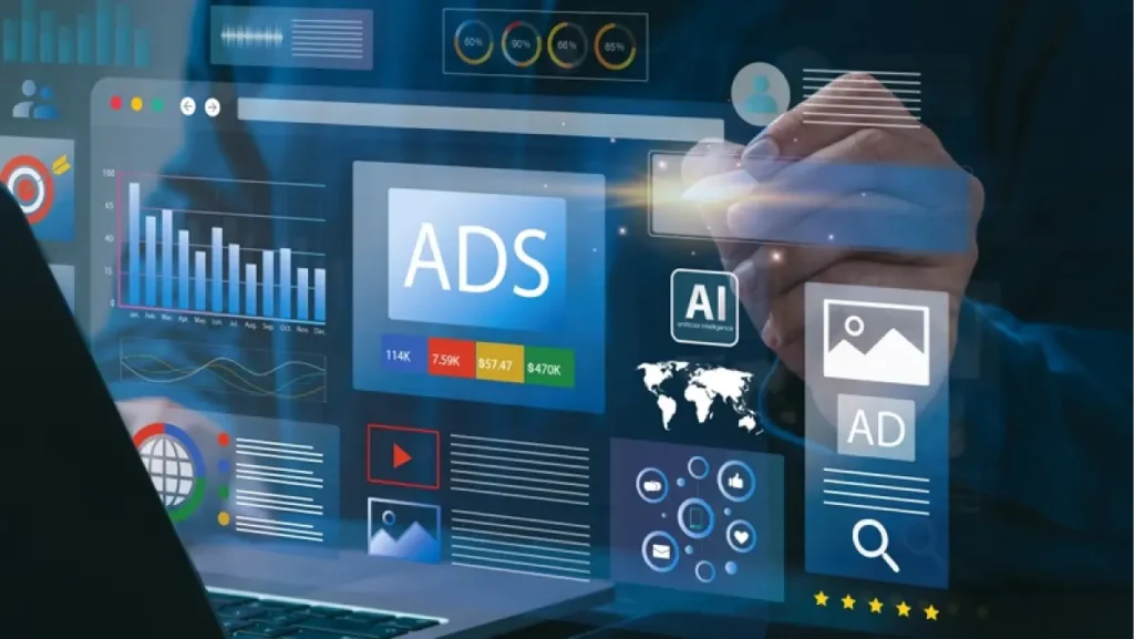 Digital advertising on laptop with AI-generated content, and analytics charts