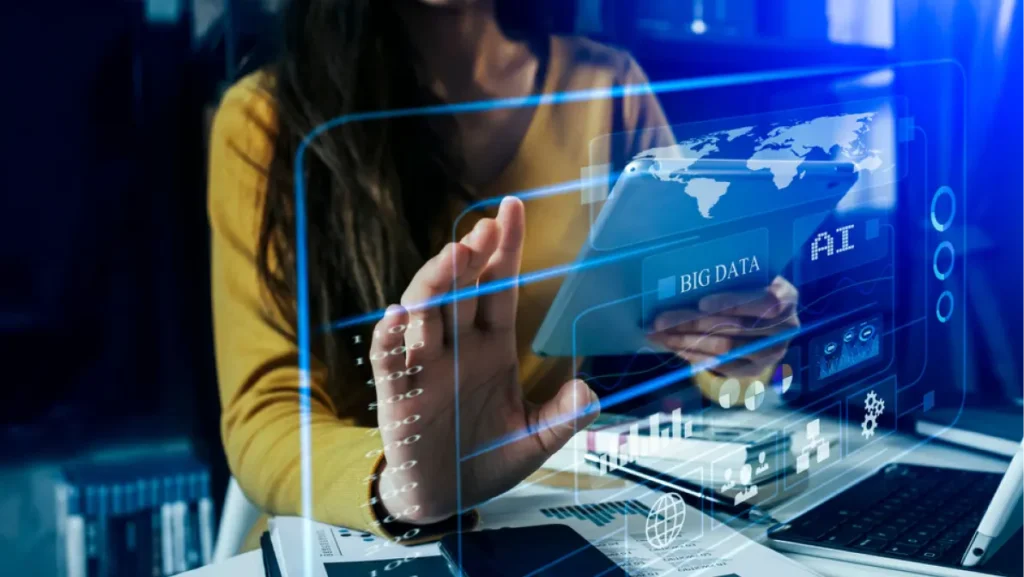 Businesswoman hands working ai in modern digital marketing chart