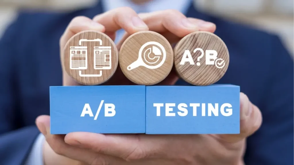 Man holding colorful styrofoam blocks sees inscription: A B TESTING. AB testing wireframe campaign for web website home homepage. AB Testing Method. Internet pages A-B comparison and split testing.
