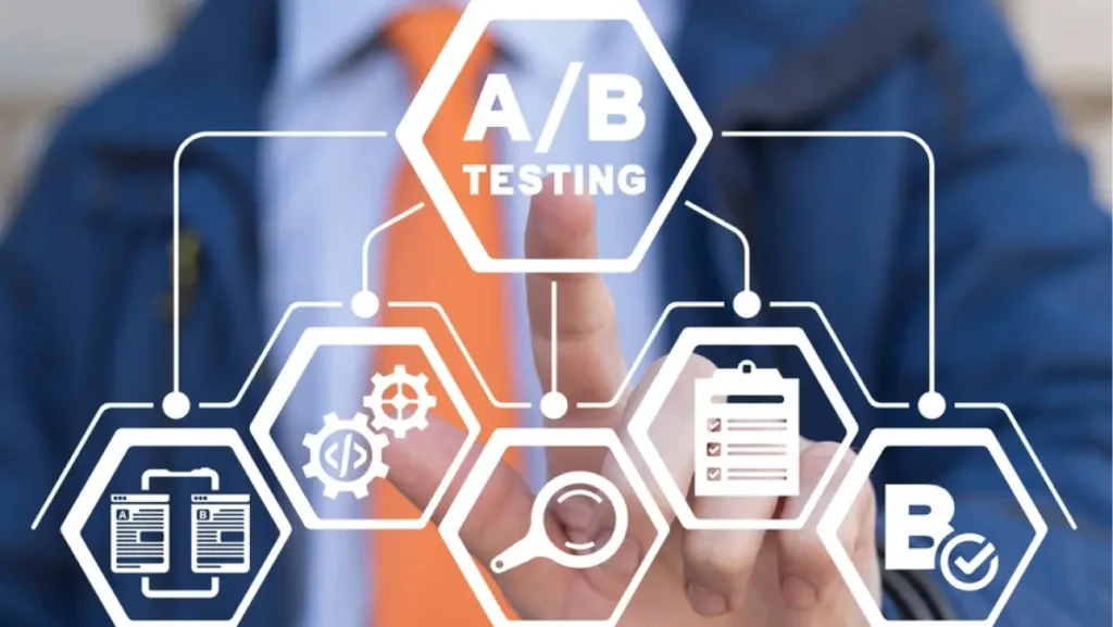 Man using virtual touchscreen presses inscription: A B TESTING. AB testing wireframe campaign for web website home homepage. AB Testing Method. Internet pages A-B comparison and split testing.